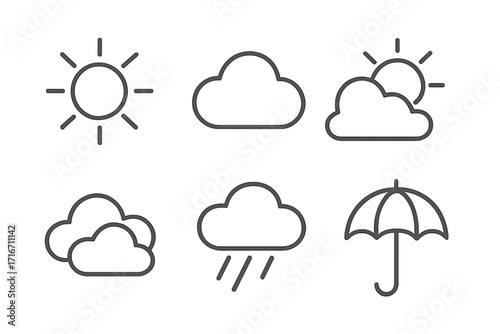 Minimalist weather icon set with sun, clouds, rain, and umbrella symbols, vector cartoon illustration, transparent background, clean simple design, ordered collection for weather apps and forecasts