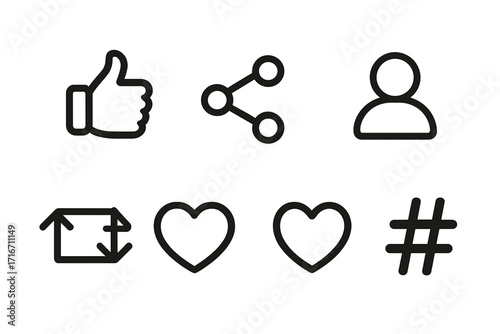 Social media icon set. Minimalist line art vector graphic. Like, share, user profile, retweet, heart, and hashtag symbols. For web design, app interface, UI, and UX.