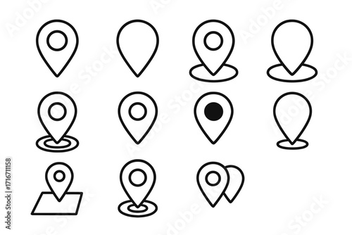 Map pin line icon set. Location marker, destination pointer collection. GPS navigation, travel symbol bundle. Vector outline pictogram with editable stroke for web, ui, ux design.