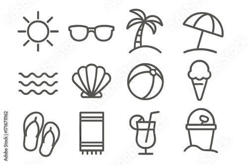 Minimalist summer beach icon set with sun, palm tree, umbrella, waves, seashell, beach ball, ice cream, flip flops, towel, tropical drink, and bucket in linear style, vector illustration