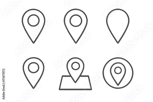 Map pin outline icon set. Location marker, pointer, and GPS navigator symbols. Thin line art pictogram collection for web design, apps, UI, and UX. Editable stroke vector.