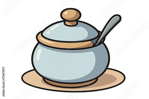 Sugar bowl with lid and spoon serving sweeteners, kitchen tableware vector cartoon illustration, ceramic sugar container with lid, sugar pot with spoon, transparent background