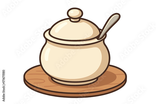 Sugar bowl with lid and spoon on wooden tabletop, serving sweetener container, kitchen pantry storage, vector cartoon illustration for food and drink concept