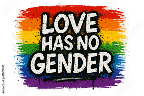 Love has no gender LGBT quote in grunge urban graffiti style. Vector typography on abstract rainbow pride flag background. Street art illustration for print, poster, t-shirt.
