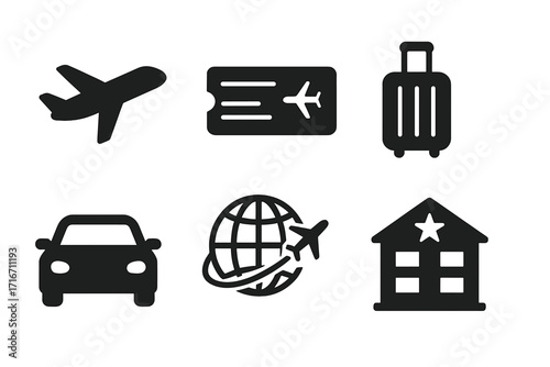 Minimalist travel icons set with black silhouettes of airplane, flight ticket, suitcase, car, globe with airplane, and hotel building, modern vector illustration for travel and transportation