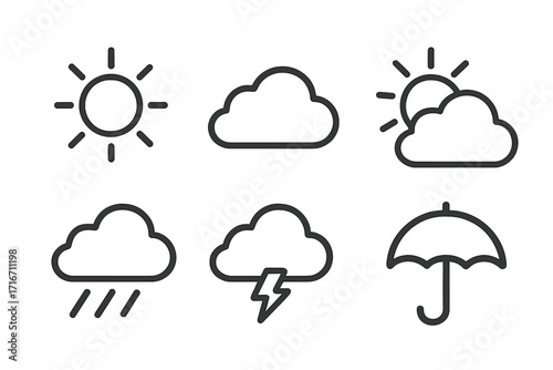 Minimalist weather icon set with sun, clouds, rain, thunderstorm, and umbrella symbols, simple vector cartoon illustration, transparent background, ordered weather forecast graphics