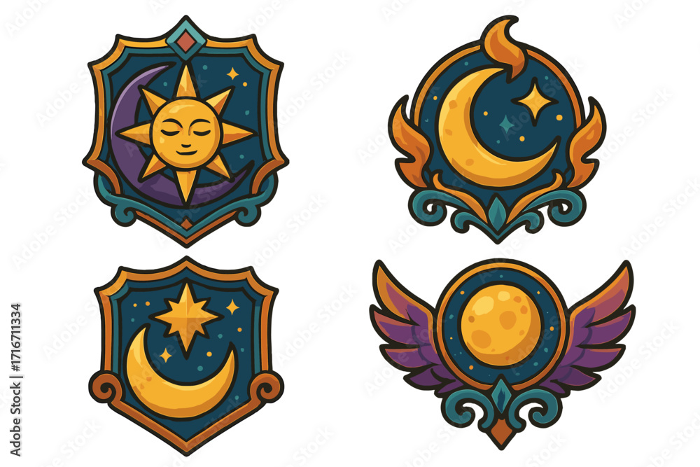 Fototapeta premium Unique celestial emblem designs with sun, moon, stars, wings, and vibrant fantasy colors, perfect for mystical art, gaming, astrology, and magical vector icons