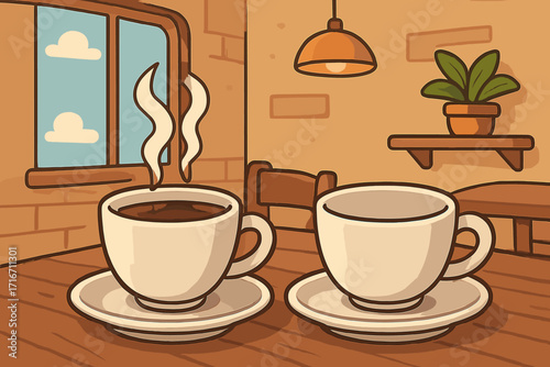 Two steaming coffee cups on saucers, one filled and steaming, one empty in cozy warm cafe interior, vector cartoon illustration with transparent background, relaxing coffee break scene