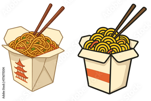 Two styles of Asian noodles in takeout containers with chopsticks, traditional and cartoon illustrated designs, vector food illustration with transparent background, Chinese cuisine concept