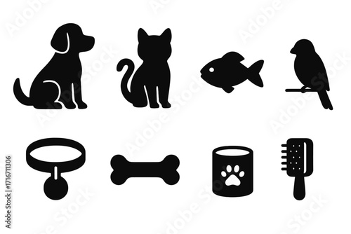 Pet care icons collection with dog, cat, fish, bird silhouettes and essential accessories, collar, bone, pet food can, grooming brush. Animal lovers vector cartoon illustration set.