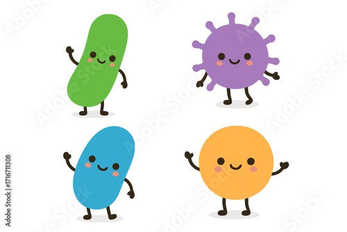 Cute good bacteria and virus characters. Probiotics, gut microflora vector icon set. Funny microscopic germs, microorganisms mascot for kids. Health, biology design element.