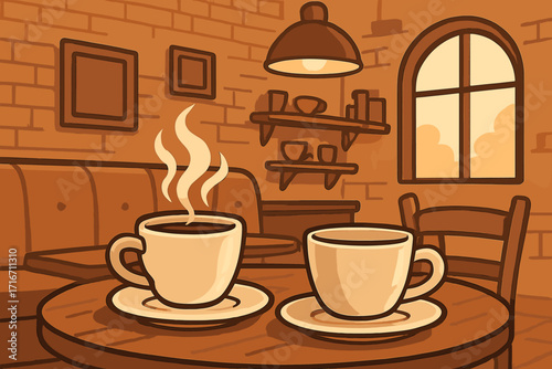 Two steaming coffee cups on saucers in cozy cafe interior, one cup hot and steaming, other empty, warm brown tones, vector cartoon illustration with transparent background