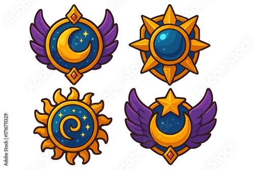 Unique emblem designs with celestial motifs, vibrant colors, fantasy icons, moon, stars, sun, wings, star symbol, game badges, fantasy art, cartoon vector illustration