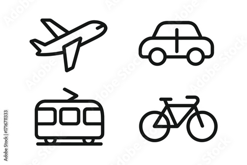 Minimalist linear vector icons of transportation modes including airplane, car, tram, bicycle. Set of simple black outline travel and transport symbols, transparent background