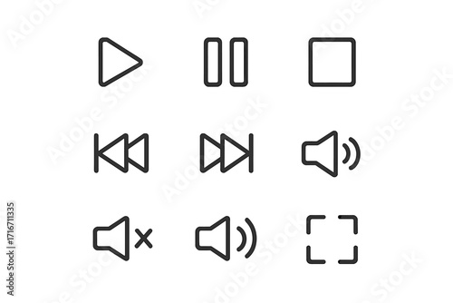Minimalist media control icons set for video and streaming apps, play, pause, stop, rewind, fast-forward, volume control, mute, and fullscreen symbols, transparent background, vector illustration