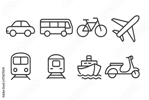 Minimalist linear icons of various transportation modes. Vector cartoon illustration with car, bus, bicycle, airplane, train, ship, scooter. Transparent background ordered set.