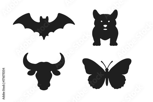 Unique black Rorschach inkblot test patterns with bat, bull skull, butterfly, and dog shapes, symmetrical psychological inkblots on white background for mental analysis and therapy concepts