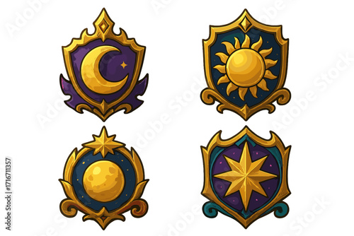 Unique celestial emblem designs featuring vibrant sun, moon, star motifs in fantasy style, cartoon vector illustration, heraldic shields with gold accents, transparent background