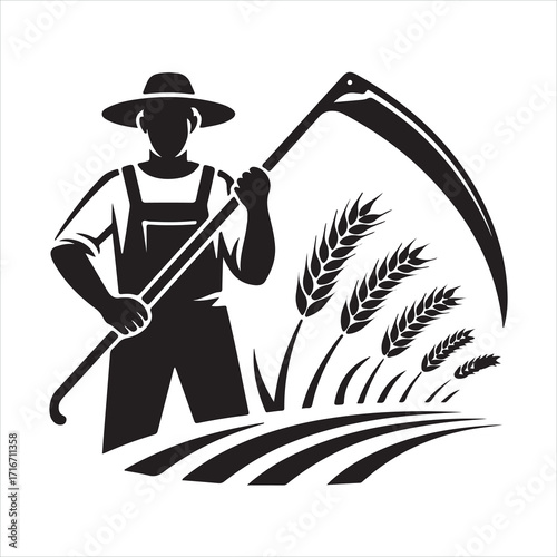 Vector cartoon illustration of a woman farmer with a shovel and a hat
