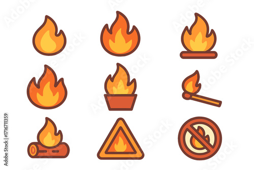 Fire flame icon set. Vector symbols of bonfire, campfire, lit match, and flammable danger warning sign. Flat cartoon illustration of burning and heat concepts. No fire sign.