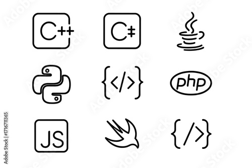 Programming language icons set minimalist outline style vector cartoon illustration transparent background ordered set coding symbols software development technology