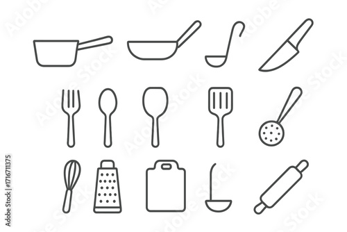 Set of minimalistic kitchen utensil icons in outline style for cooking and culinary design, vector cartoon illustration with transparent background, kitchen tools collection