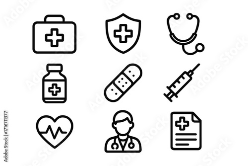 Minimalist medical icon set with first aid kit, healthcare symbols, stethoscope, medicine bottle, bandage, syringe, heart pulse, doctor avatar, and medical document illustration vector