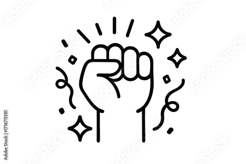 Powerful raised fist icon symbolizing celebration, victory, strength, and unity in a clean linear style vector cartoon illustration with dynamic confetti and sparkles on transparent background