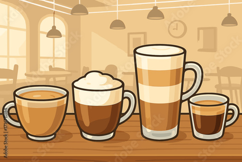 Variety of coffee beverages in clear glass cups with foam and layers, cafe setting, mid-morning coffee assortment, latte, cappuccino, espresso, macchiato, vector cartoon illustration