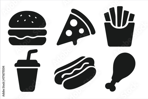 Silhouette icons of favorite fast food items including burger, pizza slice, fries, soda cup, hot dog, and chicken drumstick, black solid vector set with transparent background