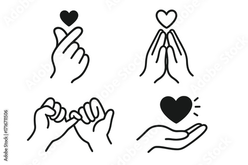 Various hand gestures expressing love and connection in black and white line art, vector cartoon illustration, heart symbols, friendship, unity, promise, care, affection, transparent background