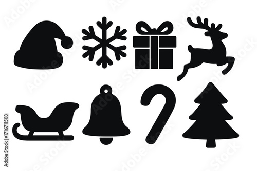 Silhouette Christmas icons set with Santa hat, snowflake, gift box, reindeer, sleigh, bell, candy cane, and pine tree. Black vector cartoon illustration on transparent background for holiday design