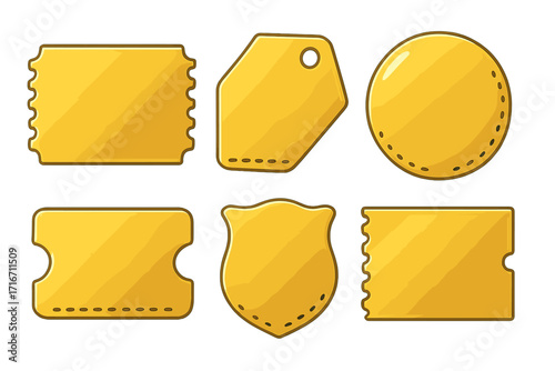 Various shiny gold coupon shapes collection with glossy finish, promotional discount tickets, stylish rectangular, round, shield, label designs, vector cartoon illustration