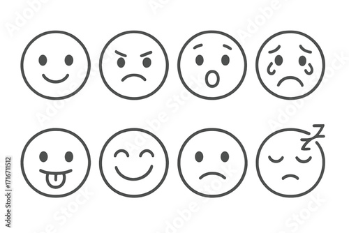 Set of simple line style emojis with various expressions, cartoon vector illustration, transparent background, ordered set of emoticons showing emotions feelings mood faces