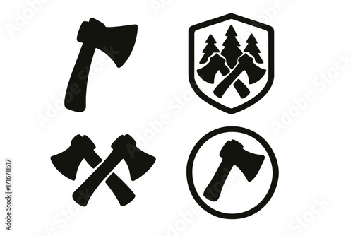 Axe icon set. Lumberjack hatchet silhouette collection. Outdoor adventure and forestry concept. Woodcutting tool for camping, survival, hiking logo or badge. Vector emblem.