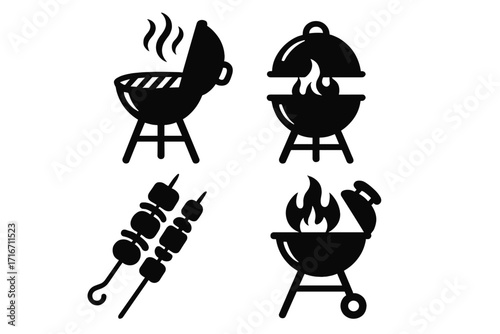 Barbecue logo icon set vector. BBQ grill silhouette. Kebab skewer. Outdoor cooking concept. Picnic party food. Restaurant menu element. Hot fire flame, smoke. Cookout graphic.