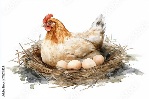 Watercolor illustration of hen sitting on nest with eggs, rustic cozy farmhouse style, earthy natural palette, isolated on white background