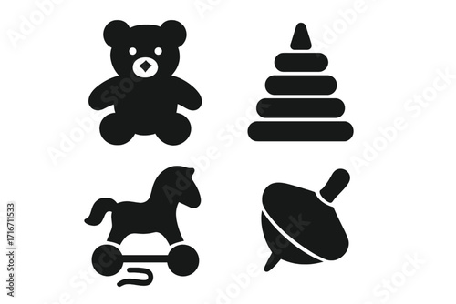 Silhouette icons of classic childhood toys for playful designs, vector cartoon illustration with transparent background, ordered set of teddy bear, stacking ring, rocking horse, spinning top toy
