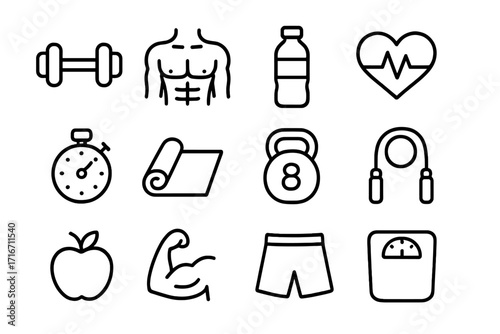 Minimalist fitness and health icon set in black outline style, vector cartoon illustration with transparent background, ordered collection of gym equipment, exercise, wellness symbols