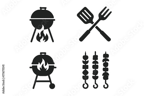 BBQ grill vector icon set. Barbecue party elements. Silhouette of charcoal grill, meat kebab skewer, fork and spatula. Summer cookout and picnic food symbols for logo.
