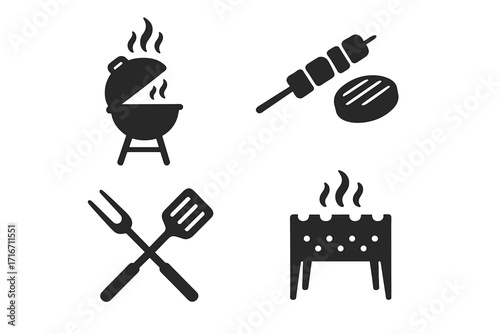 Barbecue grill icon set silhouette style. BBQ logo collection with steak, kebab skewer, and cooking tools. Vector illustration for summer picnic party or restaurant menu.