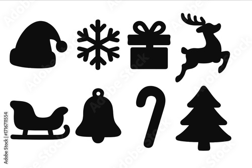 Silhouette Christmas icons set including Santa hat, snowflake, gift box, reindeer, sleigh, bell, candy cane, and pine tree, festive vector illustration with transparent background