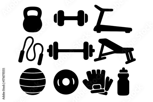 Silhouette icons of fitness equipment and gym workout tools, kettlebell, dumbbells, treadmill, jump rope, bench, exercise ball, wrist gloves, water bottle, vector illustration