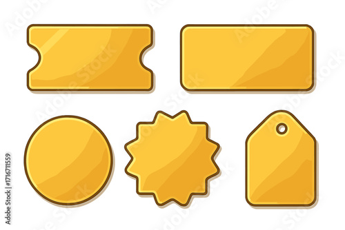 Various shiny gold coupon shapes collection for promotional offers and discounts, vector cartoon illustration with transparent background, shiny badges and tags for marketing