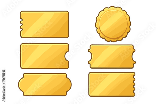 Shiny gold coupon shapes collection. Promotional ticket designs for discounts, offers, sales, and events. Vector cartoon illustration set with reflective metallic look on white background.