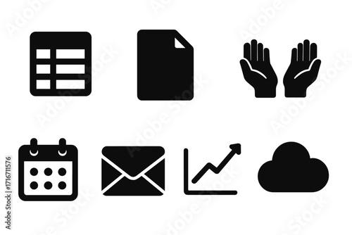 Silhouette icons set of spreadsheet, file, open hands, calendar, email envelope, rising graph, cloud storage, business and technology concept, vector cartoon illustration, transparent background