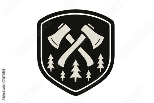 Lumberjack crossed axes on a shield with forest trees. Outdoor adventure camping badge. Woodcutter emblem. Vector logo icon for hiking or survival. Flat silhouette design.