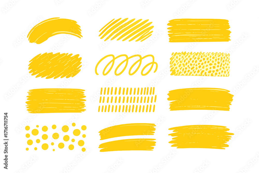 Yellow brush strokes and paint textures on white background, artistic vector illustration with varied drawing styles, design elements for creativity and inspiration, vibrant yellow paint marks