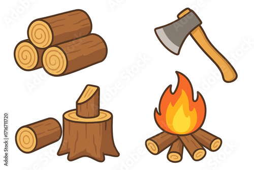 Woodworking tools and campfire essentials with logs, axe, tree stump, and burning fire. Outdoor camping, woodcutting equipment, nature activity, vector cartoon illustration.