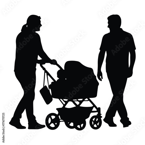 Parents pushing stroller with baby silhouette walking